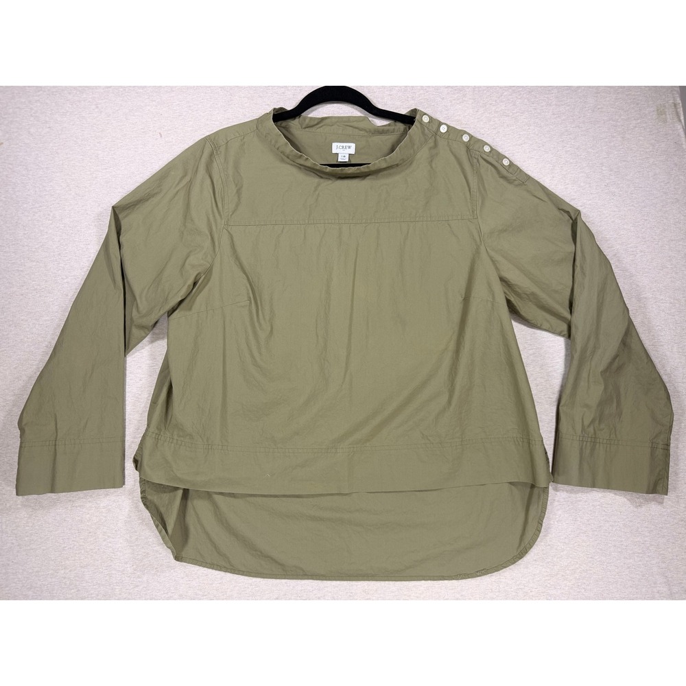 J.Crew Poplin Blouse‎ Womens 18 Olive Green Excellent Shoulder Button High-Low